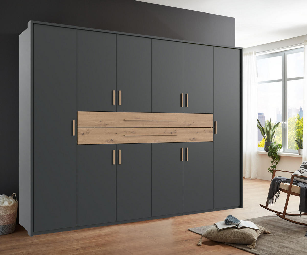 SKŘÍŇ s křídlovými dveřmi B273/H210/T58 cm v barvě grafit, šatní skříň se 2 velkými zásuvkami a úchytkami v dekoru dub Artisan / 22646 - grafitová/dub artisan, kompozitní dřevo/plast (273/210/58cm) - luma-home