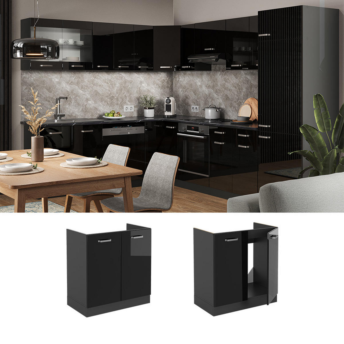 SPÜLENUNTERSCHRANK R-Line Schwarz Hochglanz 80 cm ohne AP - Schwarz Hochglanz/Anthrazit, Holzwerkstoff (80/81.6/46cm) - Vicco