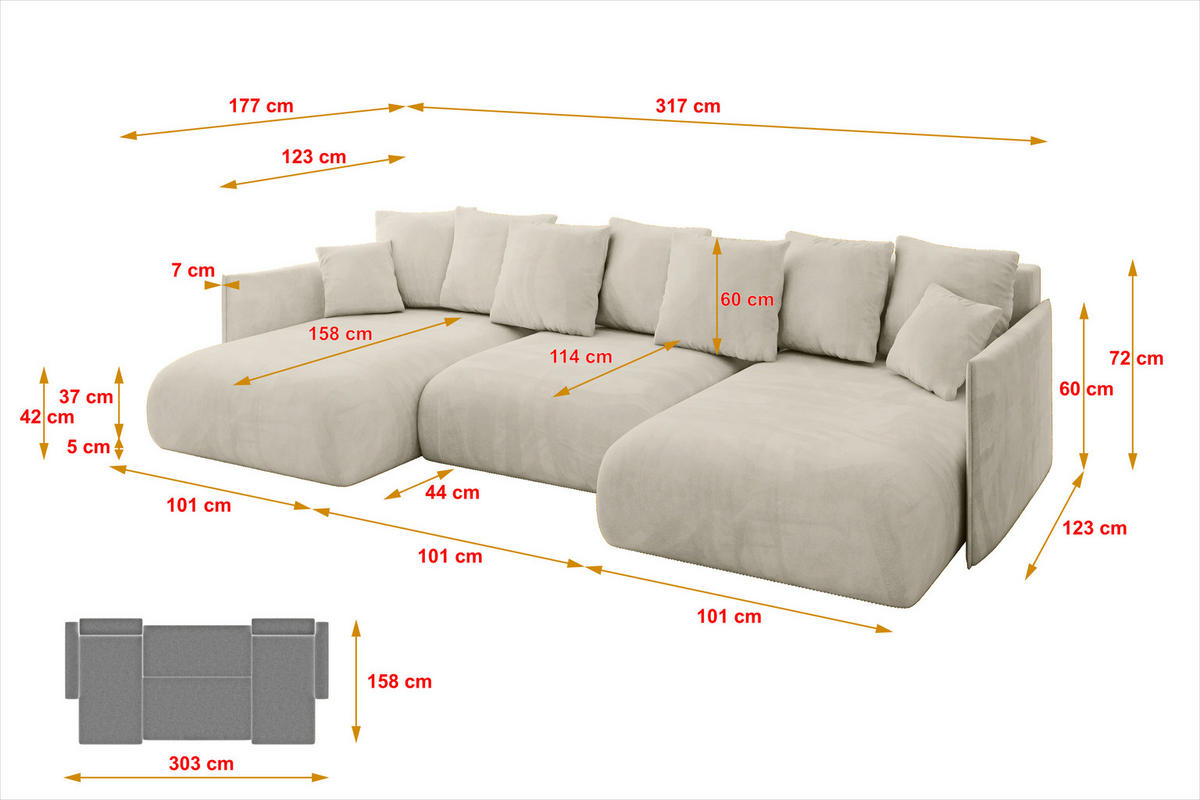 WOHNLANDSCHAFT mit Schlaffunktion und Bettkasten ONESK-U 317x177x72 Ecru Velours - Ecru, Holzwerkstoff/Kunststoff (317/72/177cm) - ALTDECOR