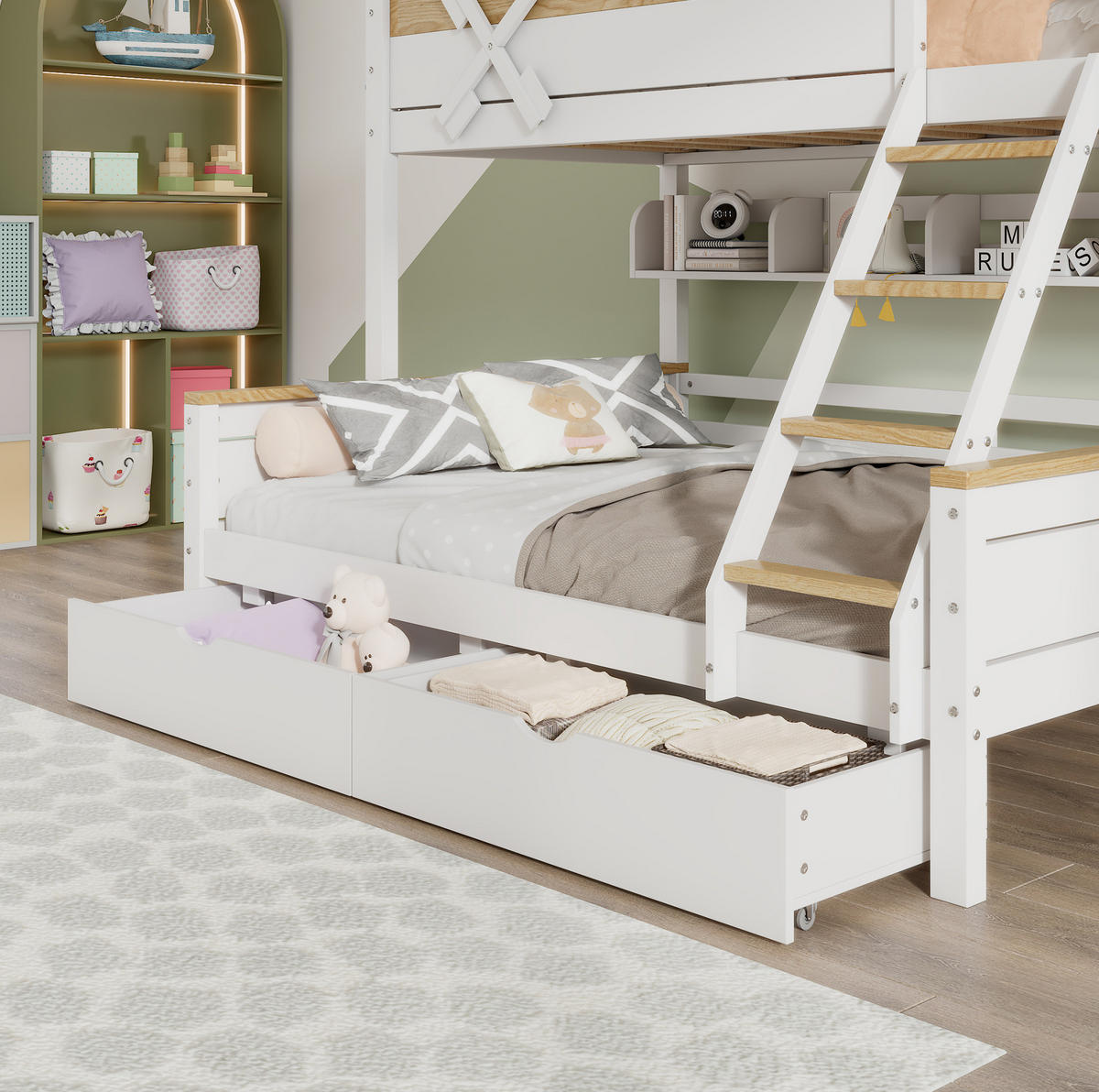 ETAGENBETT 90/200 cm & 140/200 cm mit Regalen und Schubladen in Weiß/Natur - Weiß, Holzwerkstoff (90/200cm) - BEAOK