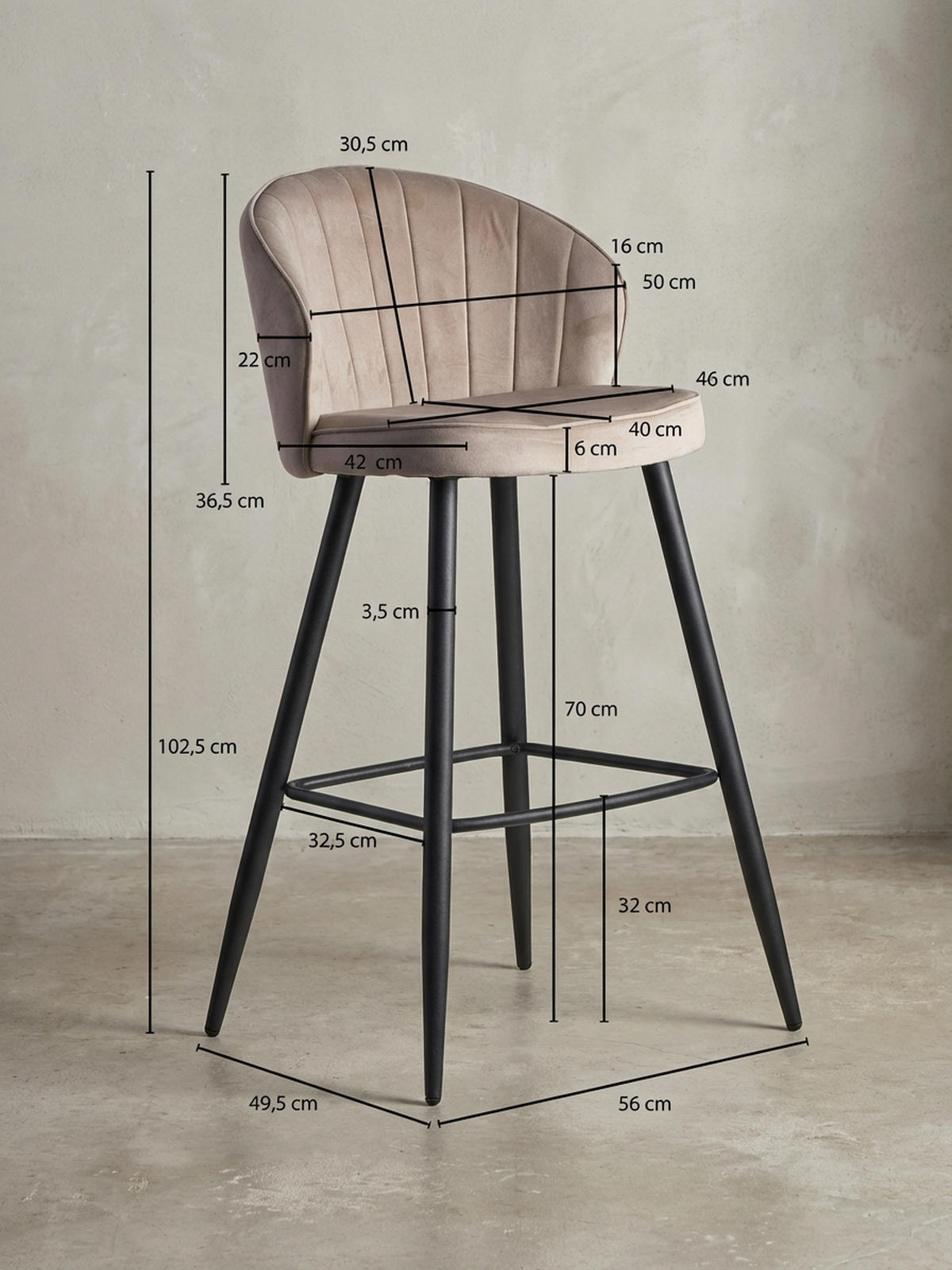 BARHOCKER Samt Metallbeine Skandi-Stil ADIGE, Beige 56x53x103 cm - Beige/Schwarz, Textil/Metall (56/103/53cm) - KADIMA DESIGN