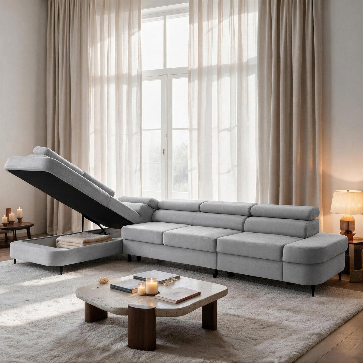 ECKSOFA PRIAM MAXI L-Form Links mit Schlaffunktion 125x195 Velours Hellgrau - Hellgrau/Schwarz, Holz/Textil (203/350cm) - Muffo