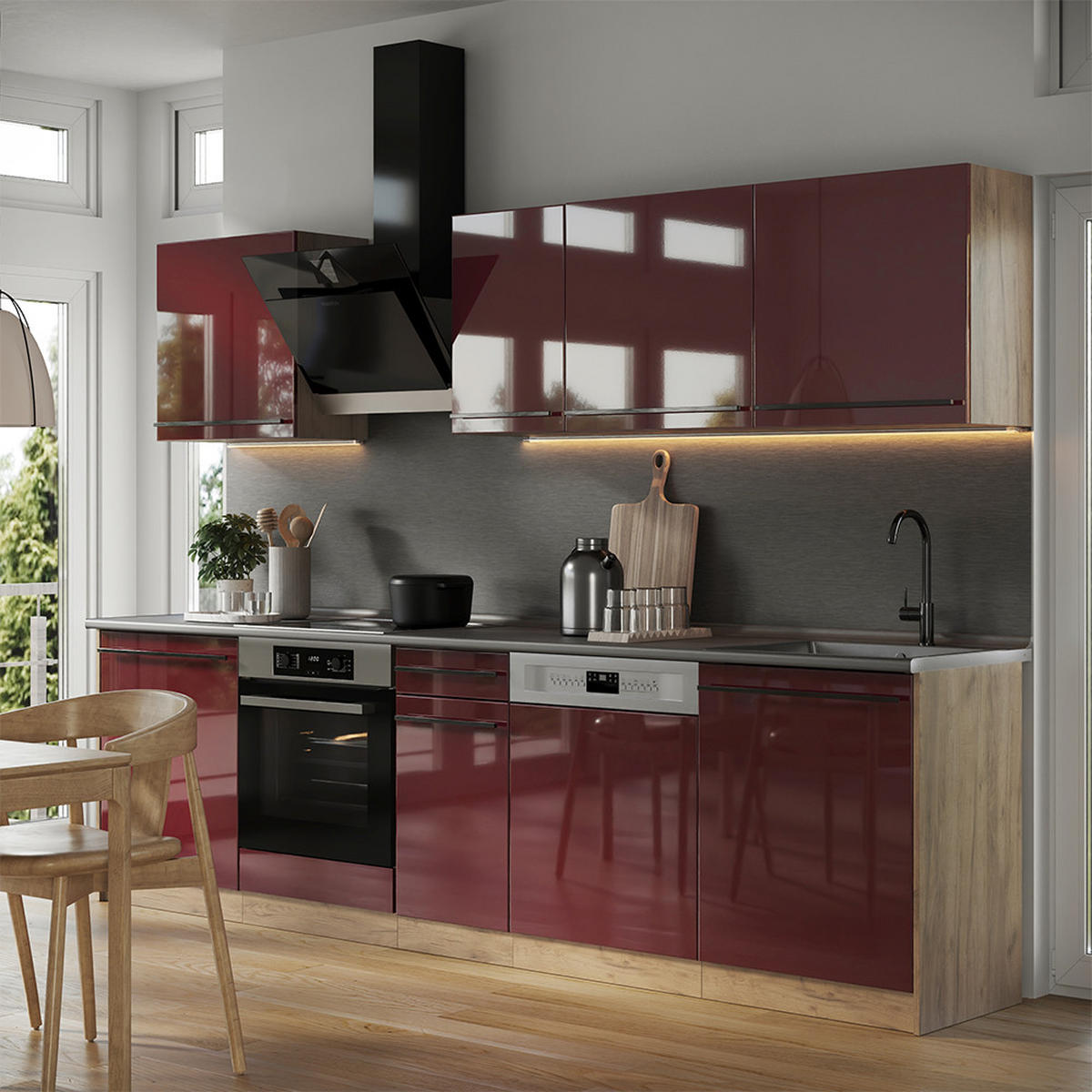 KÜCHENZEILE R-Line, Rot Hochglanz/Goldkraft Eiche, 280 cm ohne Arbeitsplatte - Honigeiche/Rot, Holzwerkstoff (280/206.8/46cm) - Vicco