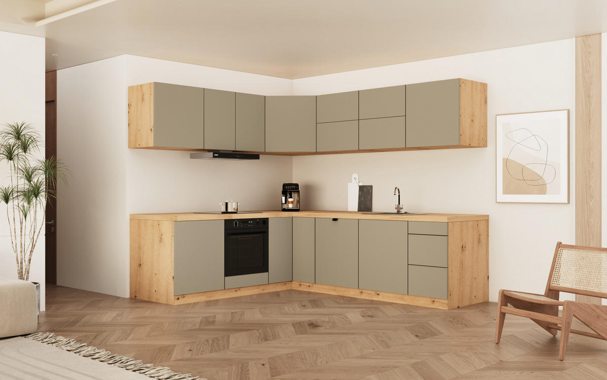 WINKELKÜCHE 240 cm x 200cm- Langen KL25-M240 - in Beige/Matt - Beige, Holz (440/212/52cm)