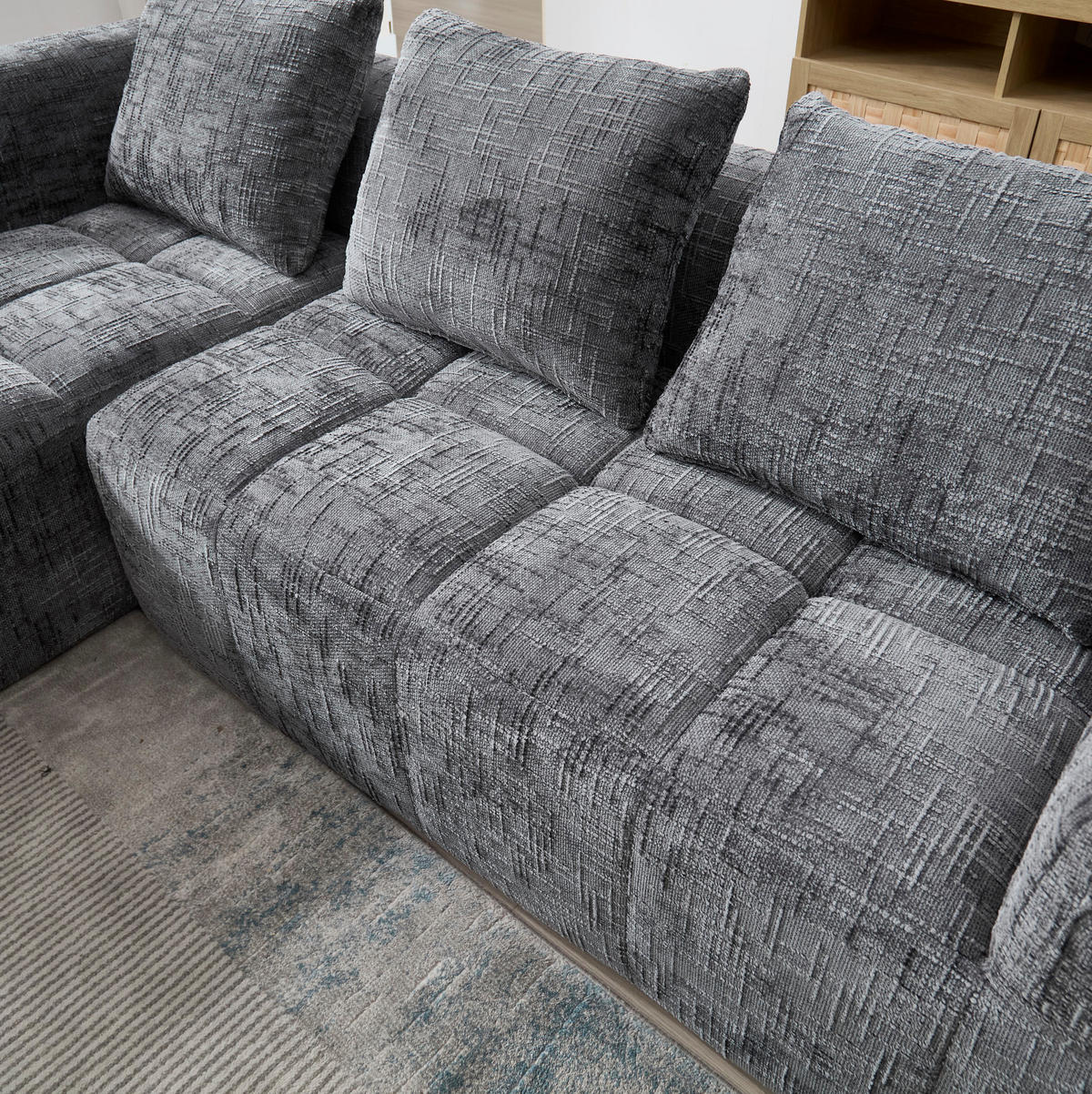 ECKSOFA 250/158/60 cm grau aus Chenille mit Seitentaschen - Grau, Textil (250/158cm) - OKWISH