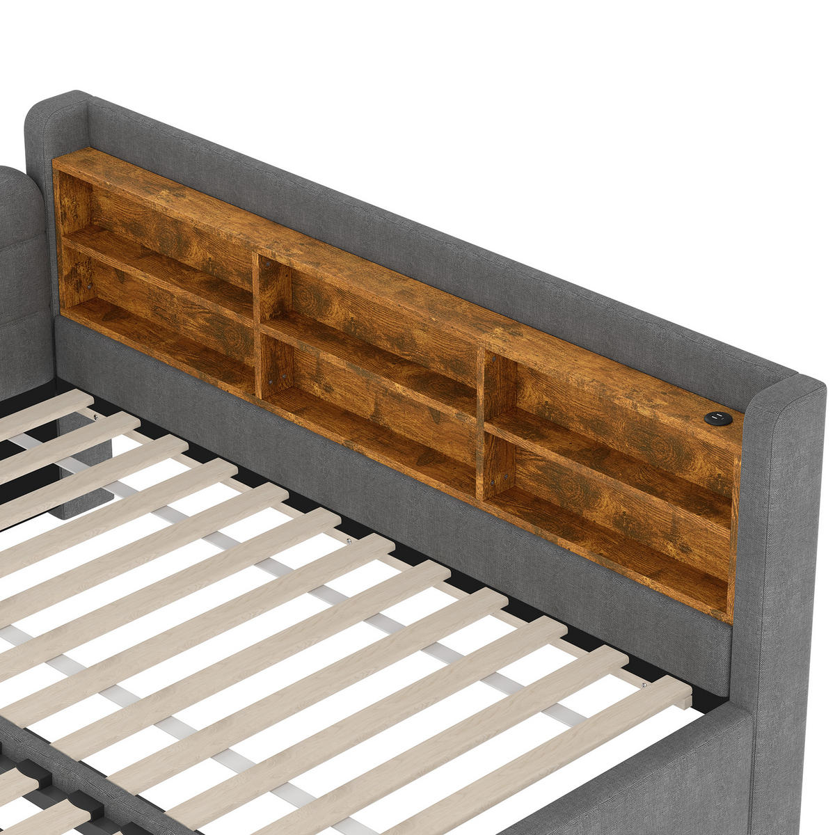 TAGEBETT 90x200cm + 180x200cm Grau Leinen Ausziehbett USB-C - Grau, Holz (180/200cm) - FLIEKS