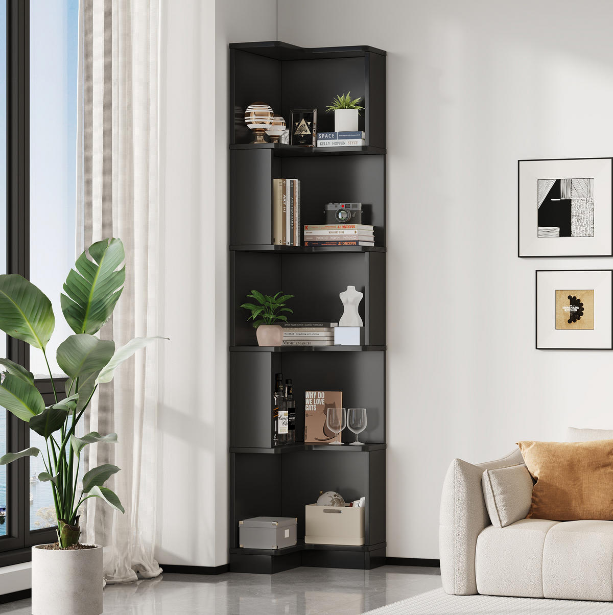 ECKBÜCHERREGAL mit LED-Lichtleiste 63,5 x 45 x 175 cm MDF Schwarz - Schwarz, Holzwerkstoff (45/175/63.5cm) - Beauniv