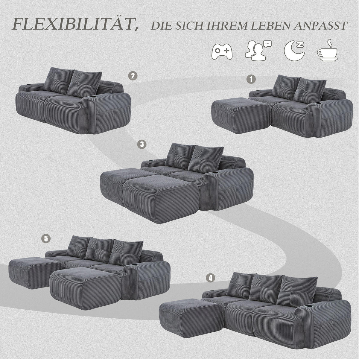 3-SITZER Wohnlandschaft Cord mit Getränkehalter und Seitentasche 268/174/80 cm Dunkelgrau - Dunkelgrau, Textil (174/80/268cm) - Redom