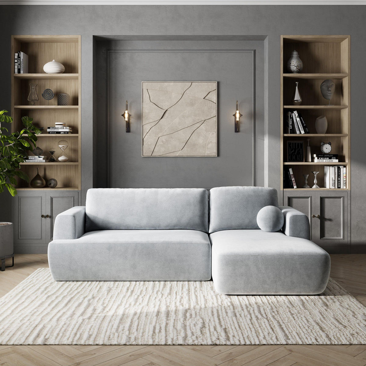 ECKSOFA SENTI K R-S Hellgrau Plüsch-Stoff mit Schlaffunktion - Hellgrau/Schwarz, Holz/Kunststoff (246/148cm) - MASSENO