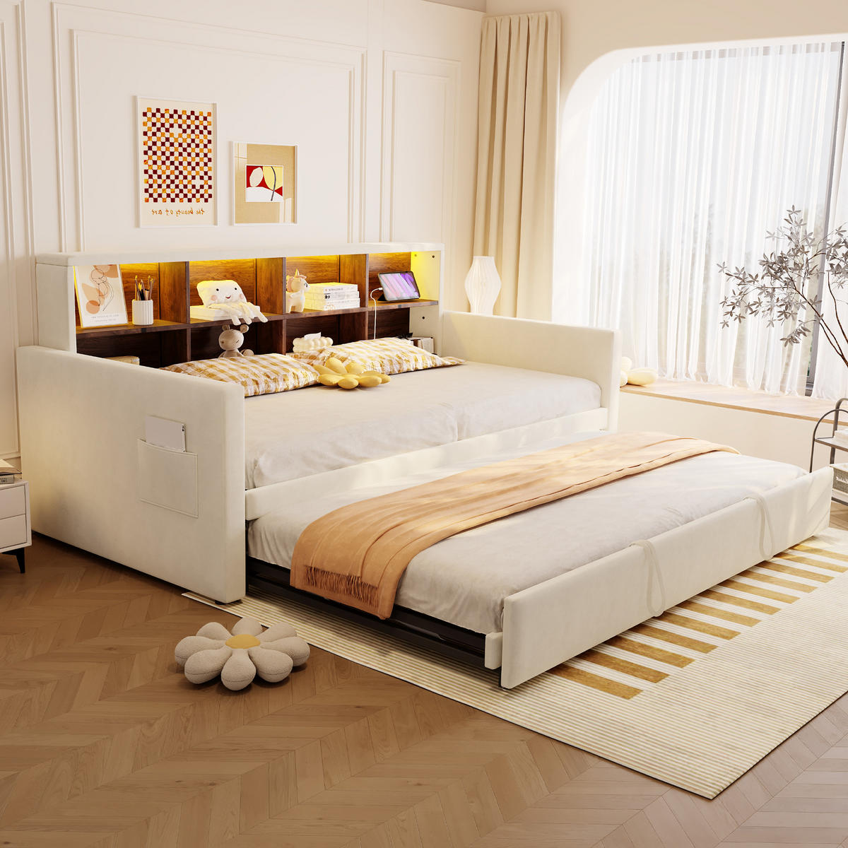 POLSTERBETT 90/190 cm Beige mit ausziehbarem Unterbett mit LED-Beleuchtung und Stauraum - Beige, Textil (90/190cm) - OKWISH