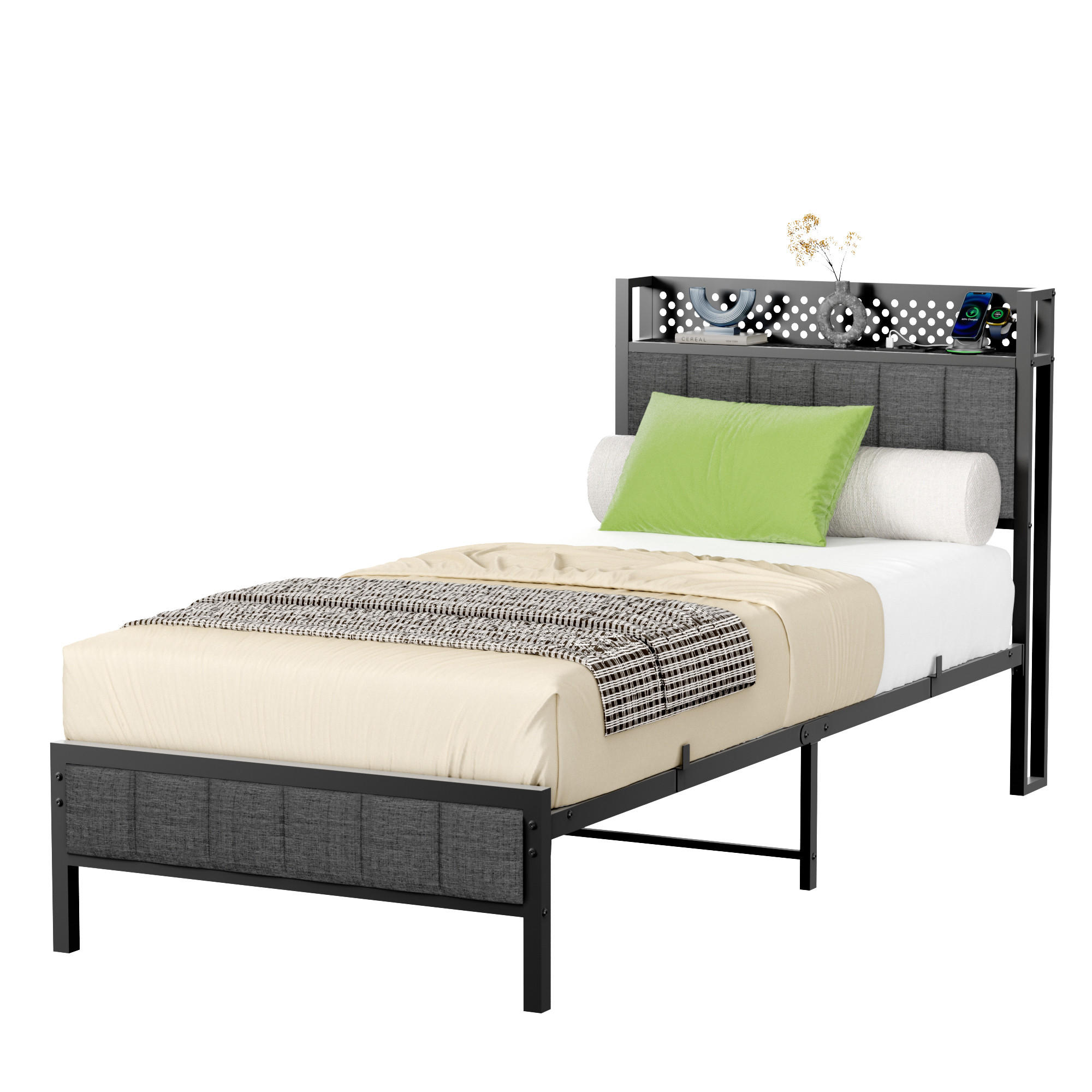 METALLBETT 90/200 mit Matratze und Gepolstertes Kopfteil Jugendbett mit LED und Steckdose, 27 cm Bodenfreiheit - Schwarz/Grau, Holzwerkstoff/Textil (90/200cm) - STILVORA