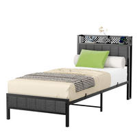 METALLBETT 90/200 mit Matratze und Gepolstertes Kopfteil Jugendbett mit LED und Steckdose, 27 cm Bodenfreiheit - Schwarz/Grau, Holzwerkstoff/Textil (90/200cm) - STILVORA