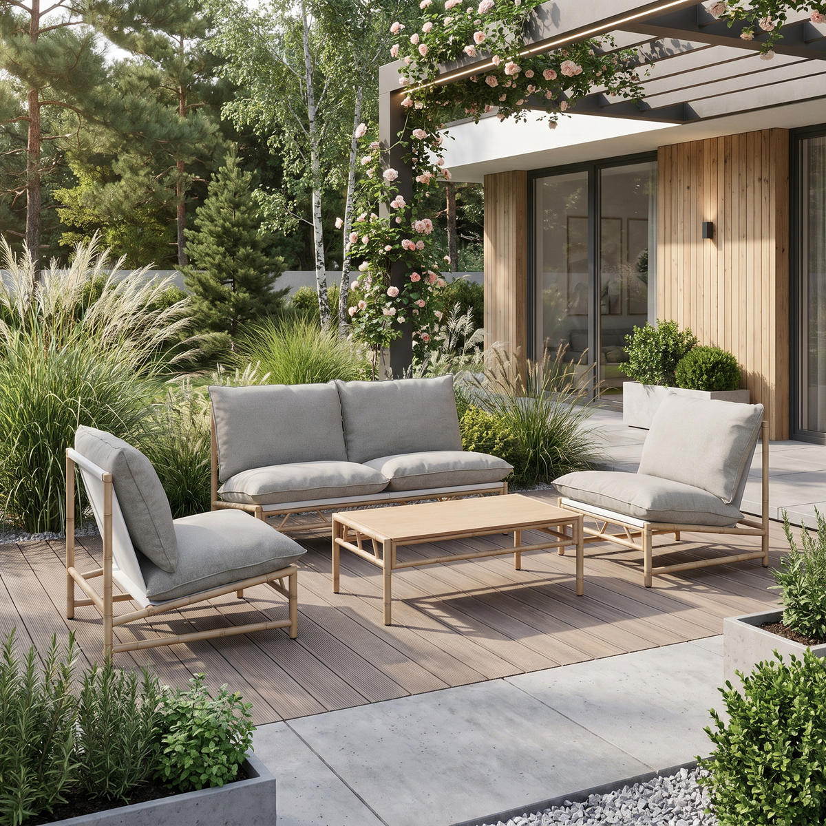 GARTENSET Kairo 2-Sitzer-Sofa, 2 Sessel und Tisch, Metallrahmen, von Bambus inspiriertes, Grau+Beige - Beige/Grau, Metall - Beautysofa