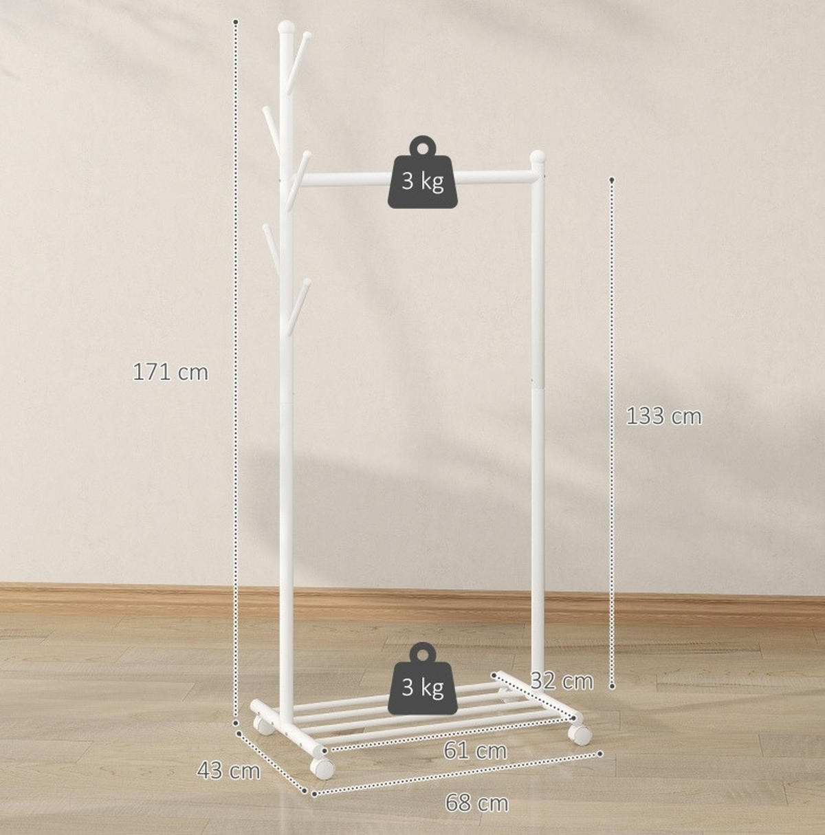 GARDEROBENSTÄNDER mit Rollen und Schuhregal 68 x 43 x 171 cm Metall Weiß - Weiß, Metall (43/171/68cm) - Beauniv