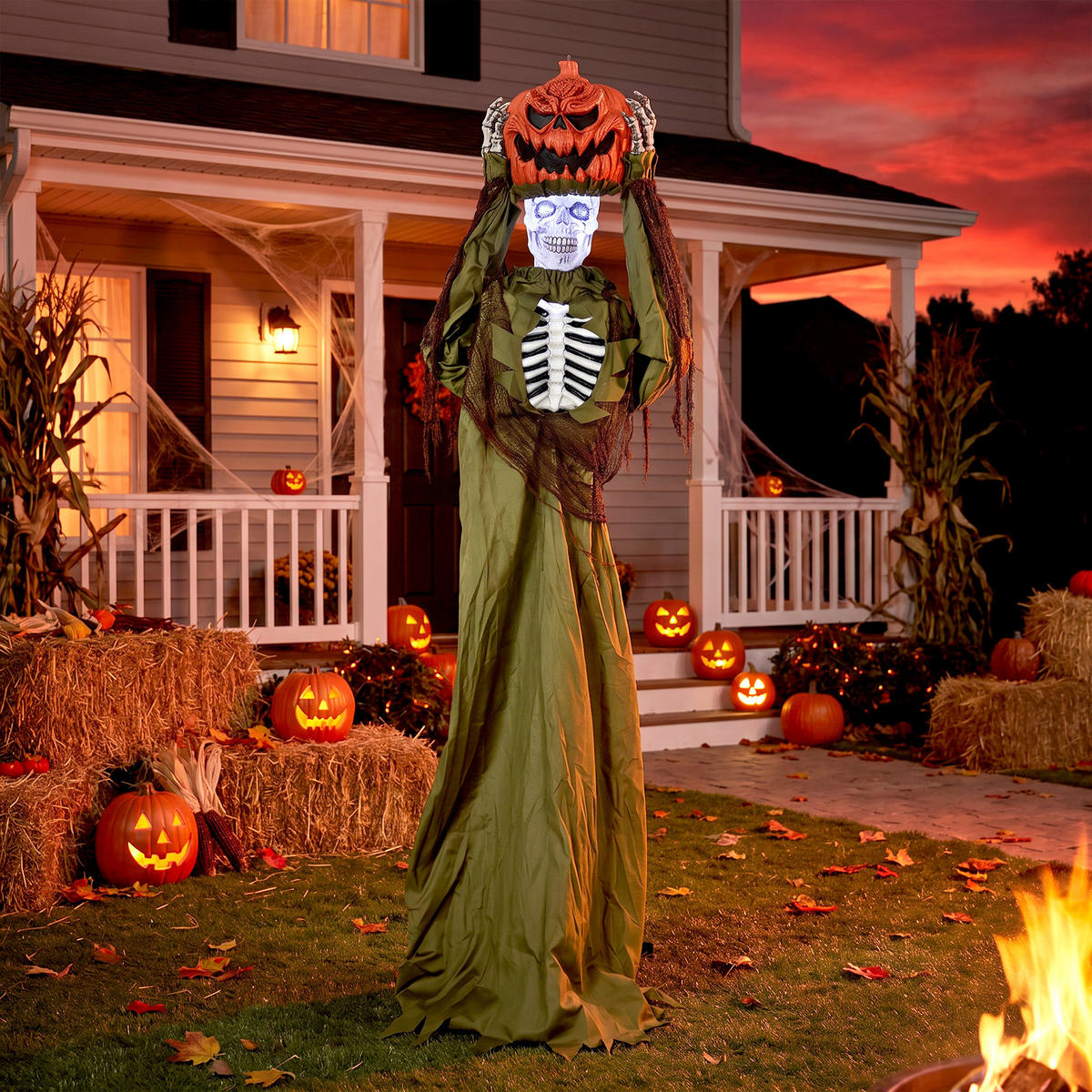 HALLOWEENDEKO DE-42108 Pop-up-Kürbis-Skelett 173 cm mit LED und Sound - Dunkelgrün, Metall (50/173/20cm) - ComfortXL