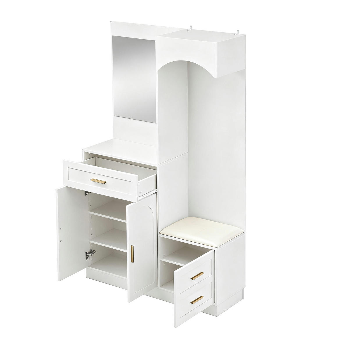 DIELENGARDEROBE mit Spiegel und Schuhablage 110/33/185,5 cm in Weiß - Weiß, Holzwerkstoff (110/185.5/33cm) - BEAOK
