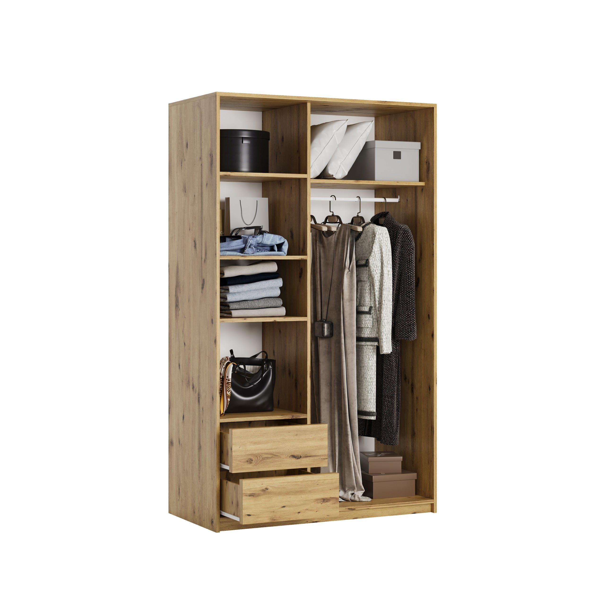 Thumbnail - Masseno Schwebetürenschrank, Eiche Artisan, Holzwerkstoff, 5 Fächer, 2 Schubladen, Rechteckig, 120x205x60 cm, Schlafzimm...