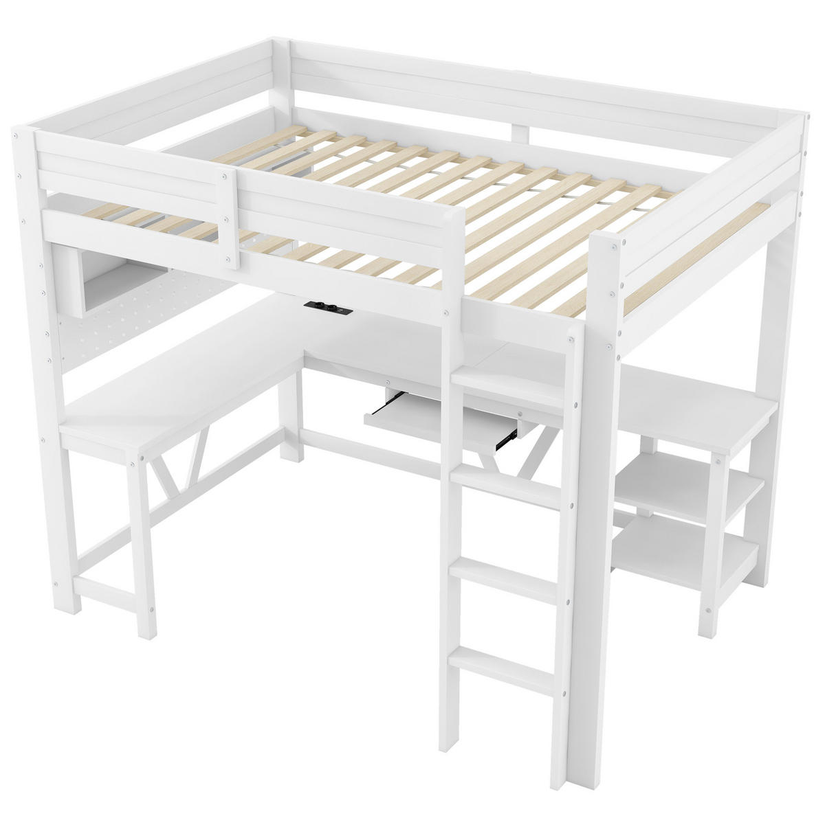 HOCHBETT 90/200 cm mit Schreibtisch, LED-Beleuchtung und Ladestation, Weiß - Weiß, Holzwerkstoff (90/200cm) - Redom