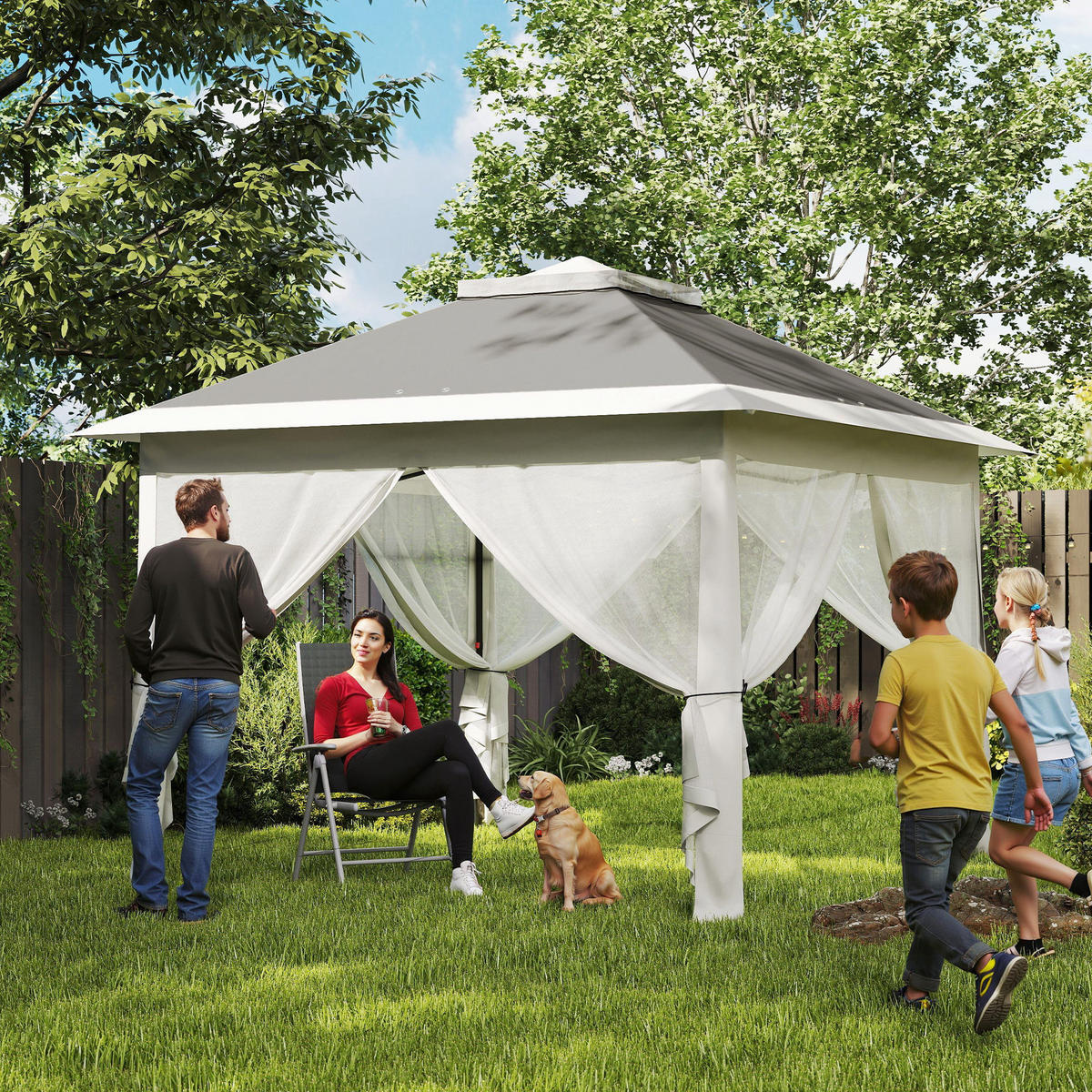 PAVILLON DE-07448 mit Netzvorhängen und Entwässerungslöchern Grau - Dunkelgrau, Textil/Metall (330/288/330cm) - ComfortXL