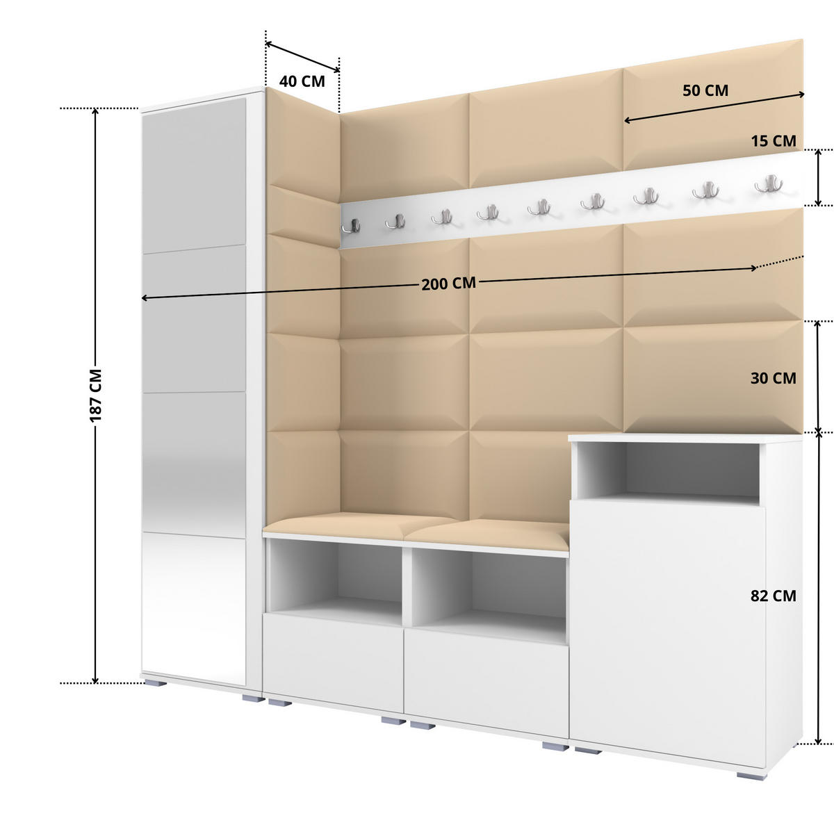 GARDEROBE NELA X 200 cm (Modulare Flurmöbel Weiß mit Spiegel & Sitzpolster Beige 04 Schrank + Sideboard) - Beige/Silberfarben, Holz/Holzwerkstoff (200/187/40cm) - Ravio