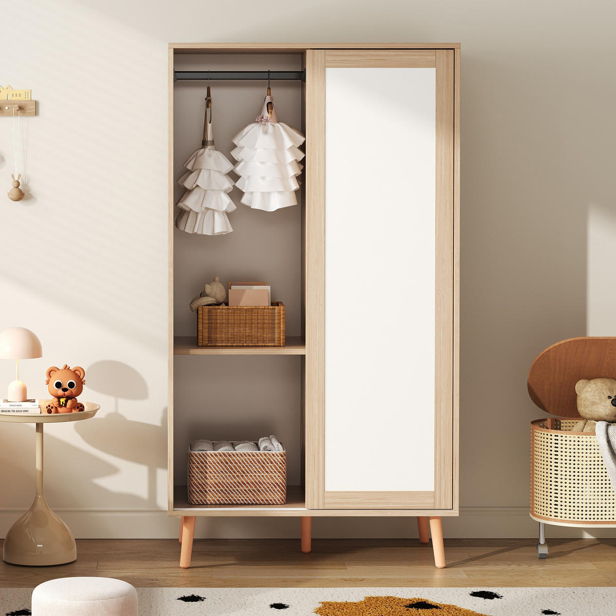 KINDER-KLEIDERSCHRANK 80x46x141.5cm Weiß + Natur Schiebetüren Massivholzfüße - Multicolor, Holz (46/141.5/80cm) - FLIEKS