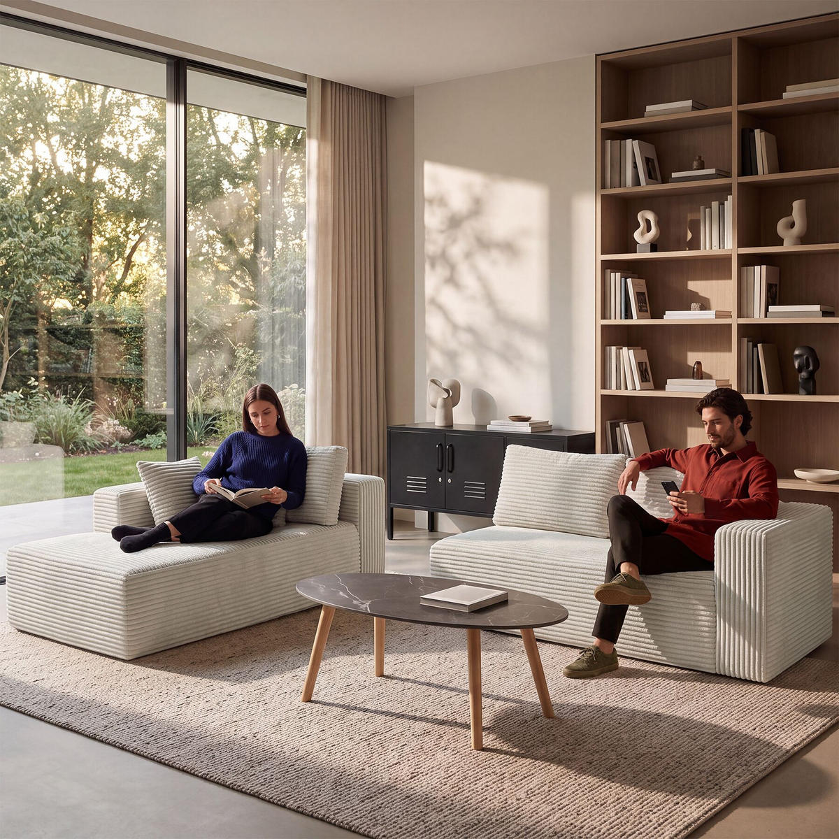 SOFA Relax, keine Montage, 250 cm Breite, Samtcord beige - Beige, Kunststoff/Textil (250/162cm) - tectake