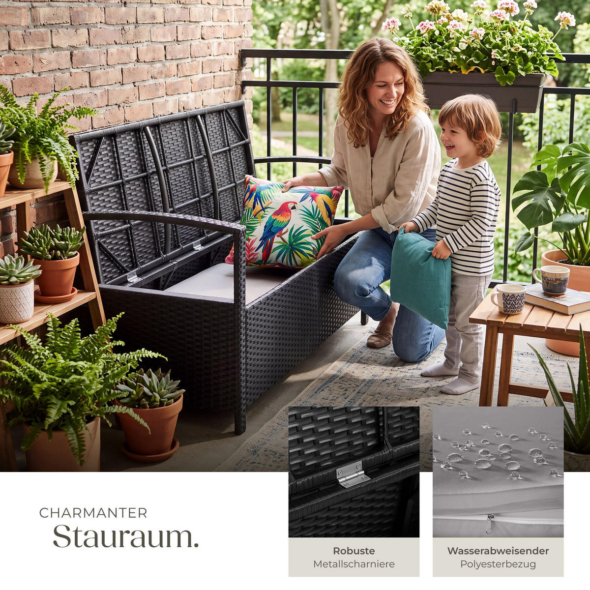 RATTAN-GARTENBANK Vecchia, 128 x 56 x 77,5 cm, inklusive Schutzhülle, schwarz - Schwarz, Kunststoff (128/77.5/56cm) - tectake