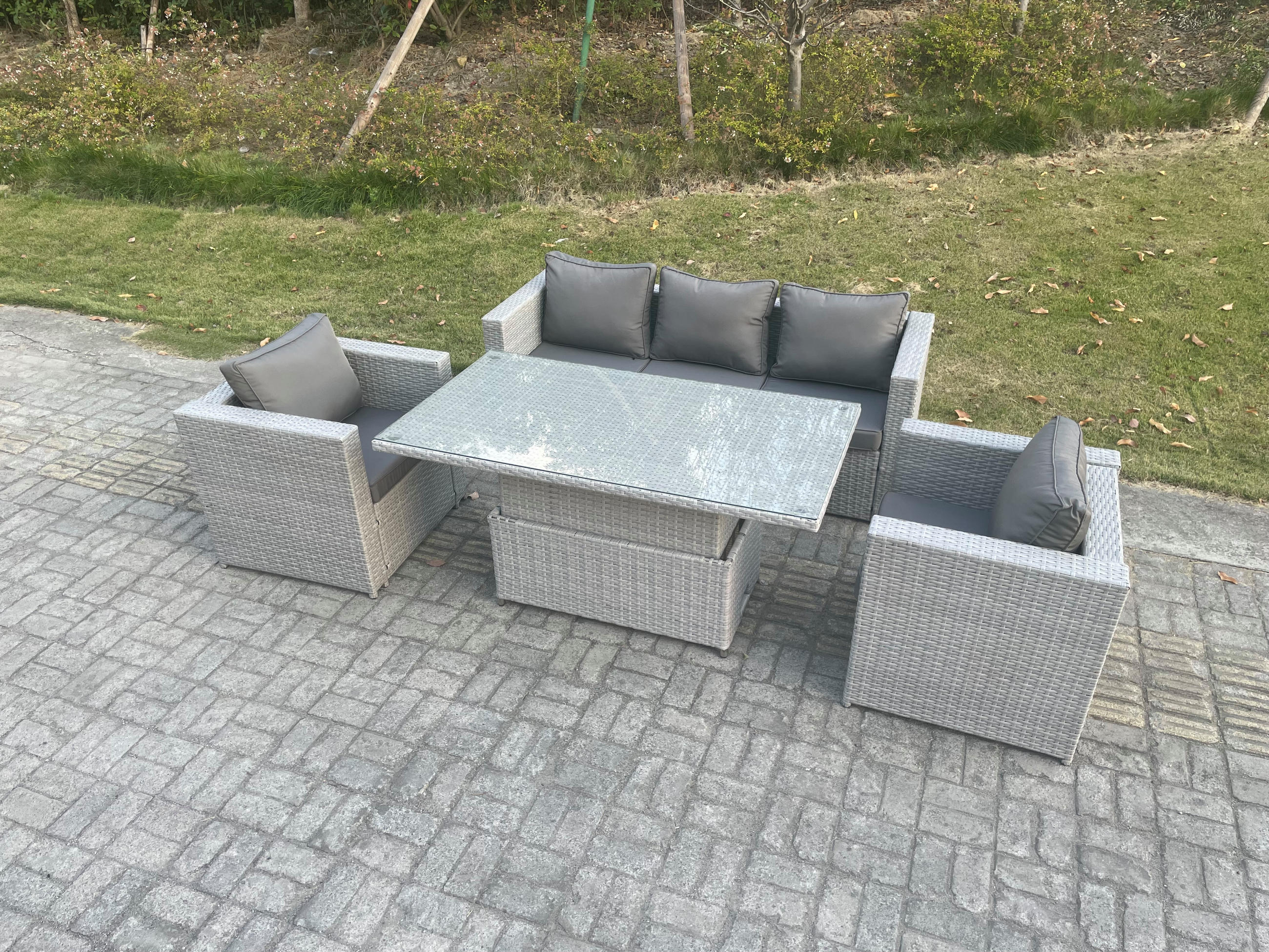 GARTENSOFA SET mit höhenverstellbarer Tisch Polyrattan Helles Grau 5-Sitzer - Hellgrau, Metall - Fimous