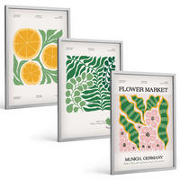 BILDER SET 3er Set - 40x60 cm Silberner Rahmen - Pastellfarbene Frucht- und Pflanzenmotive - Silberfarben, Kunststoff (40/60cm) - TULUP