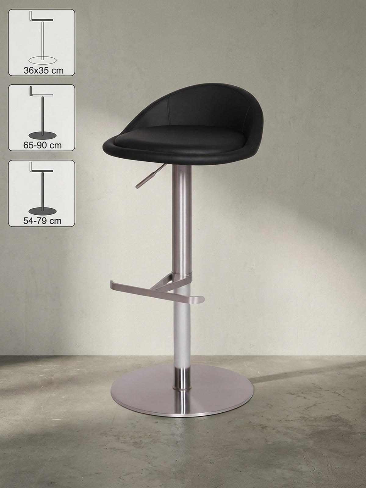 BARHOCKER Höhenverstellbar Edelstahl Halbrunde Rückenlehne DONAU, Schwarz 43x43x90 cm - Silberfarben/Schwarz, Kunststoff/Textil (43/90/43cm) - KADIMA DESIGN