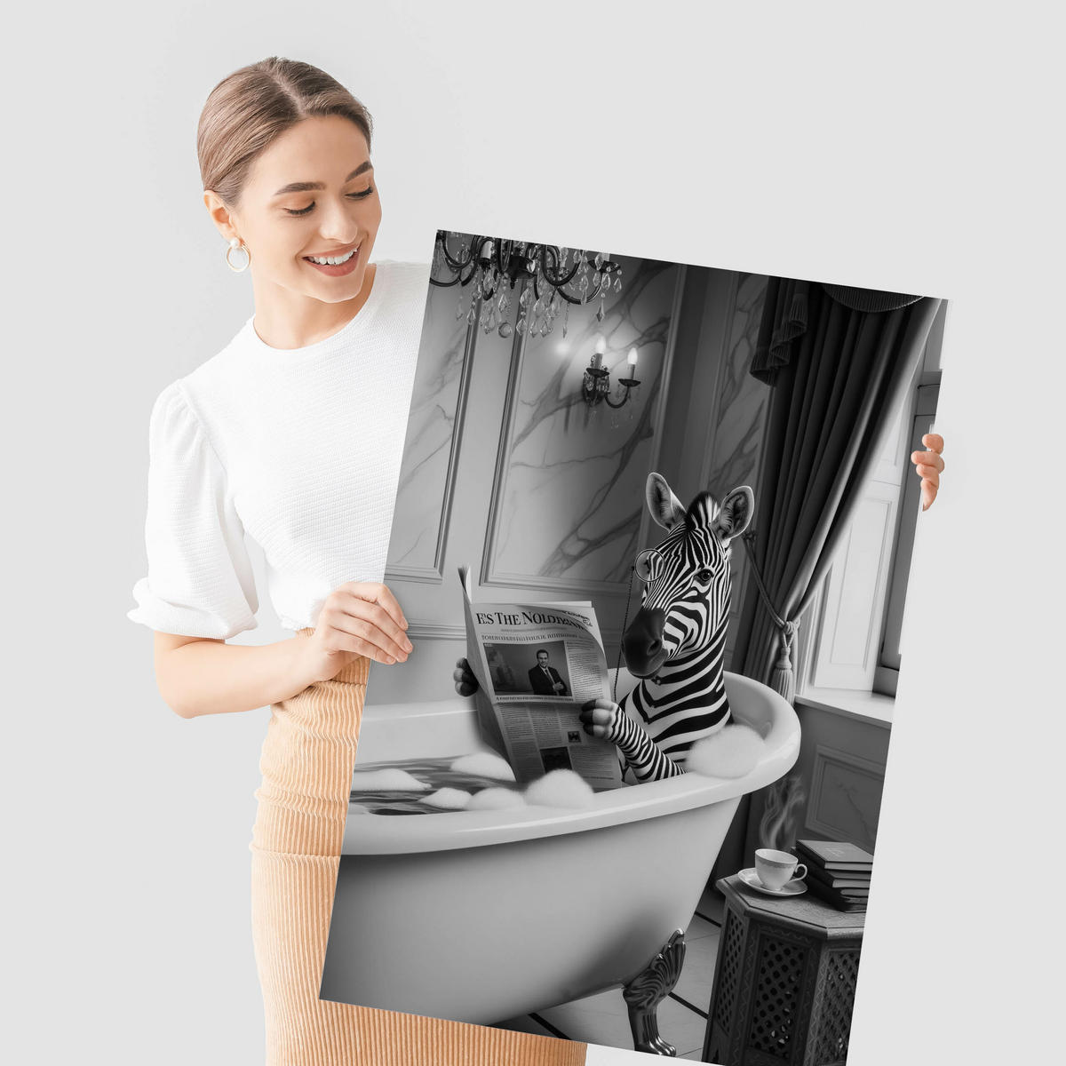 POSTER für Badezimmer WC ZEBRA in Badewanne Zeitung Abstraktion 20x30cm - Schwarz/Weiß, Papier (20/30/1cm) - Muralo