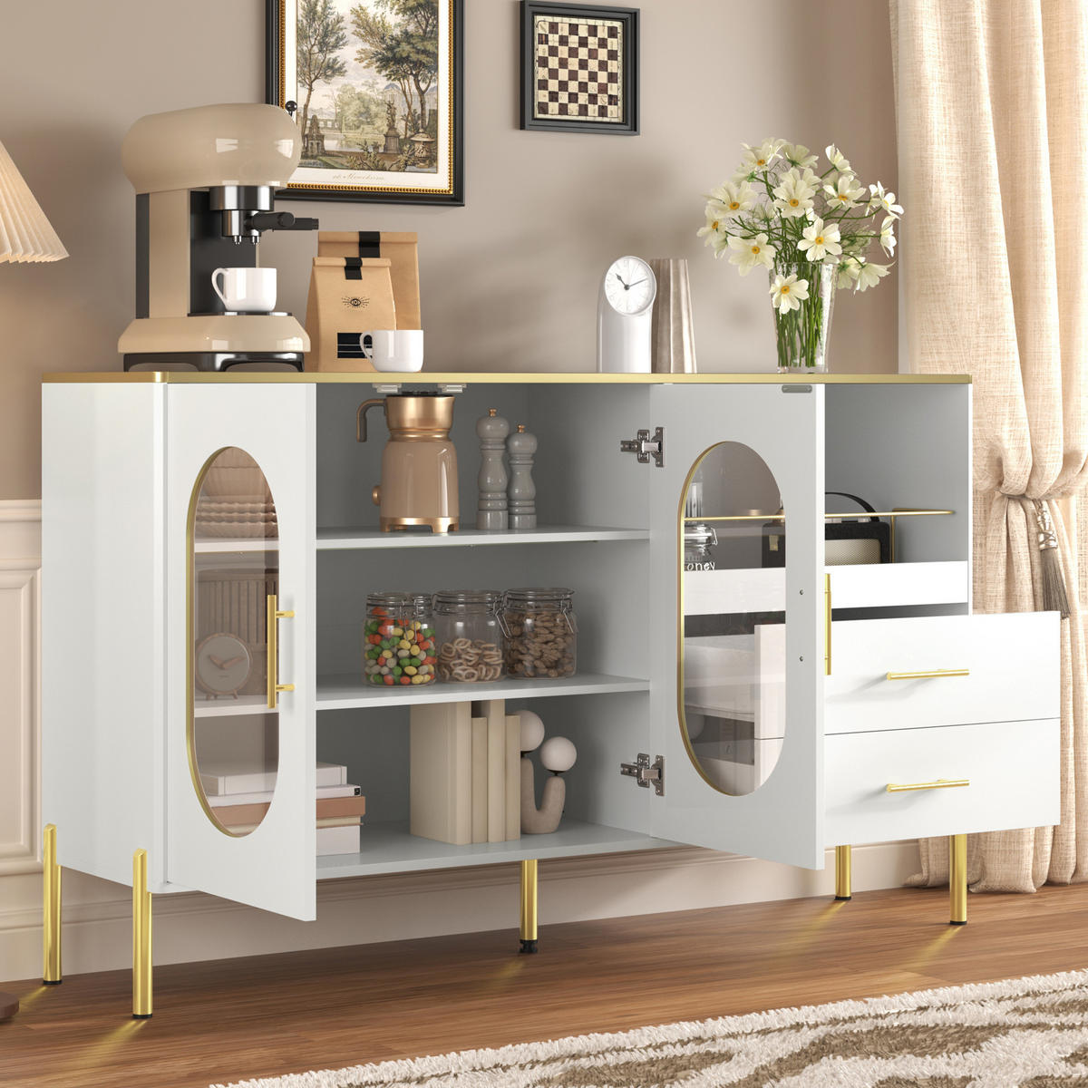 SIDEBOARD 140/38/90 cm aus MDF mit 2 Schubladen und Glastüren Weiß - Weiß, Holzwerkstoff (140/90/38cm) - Modenvie
