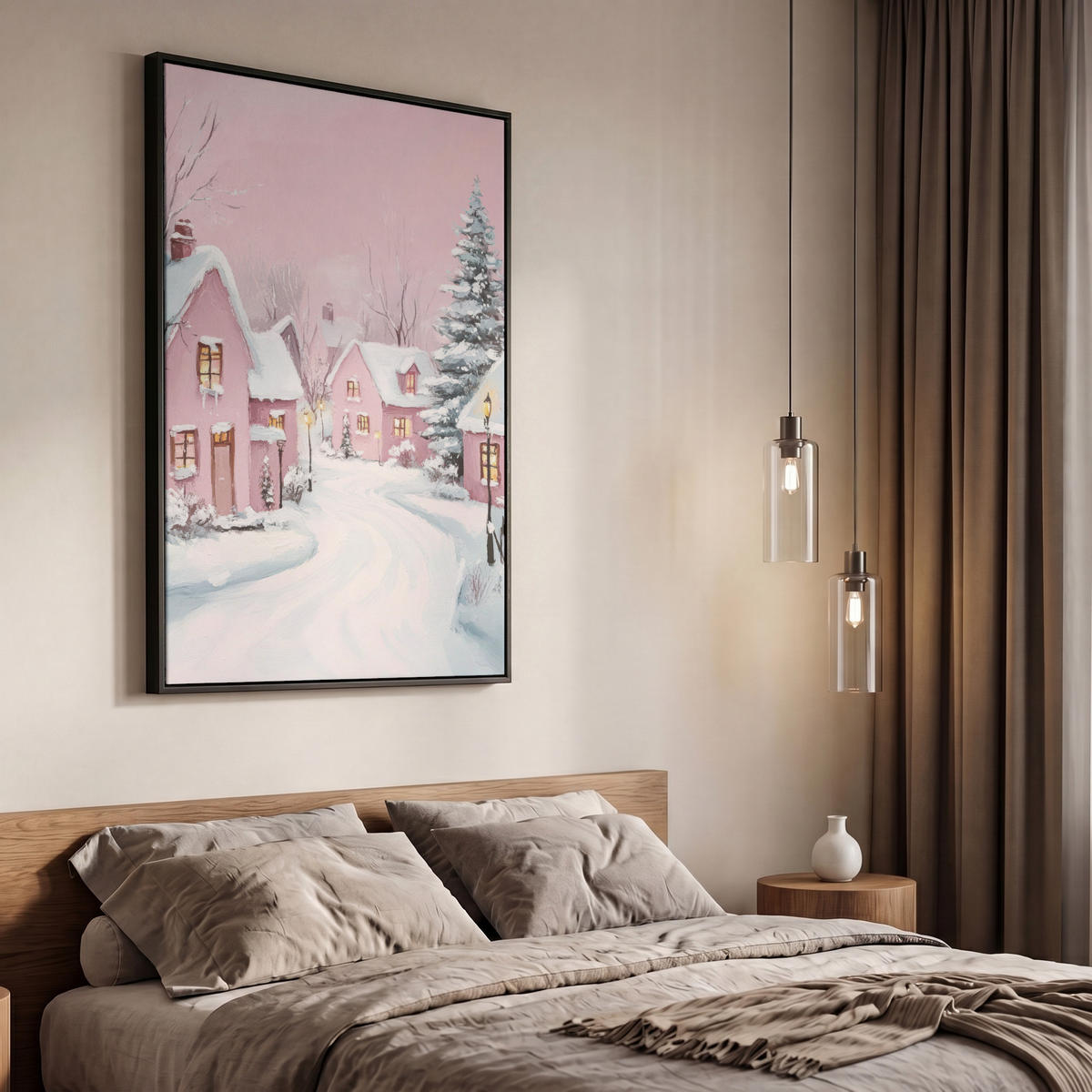 LEINWAND Bilder mit Rahmen - Weihnachtsdorf - Rosa - Winter - Schnee - Häuser - 60x90 - Altrosa, Textil (60/90cm) - MuchoWow