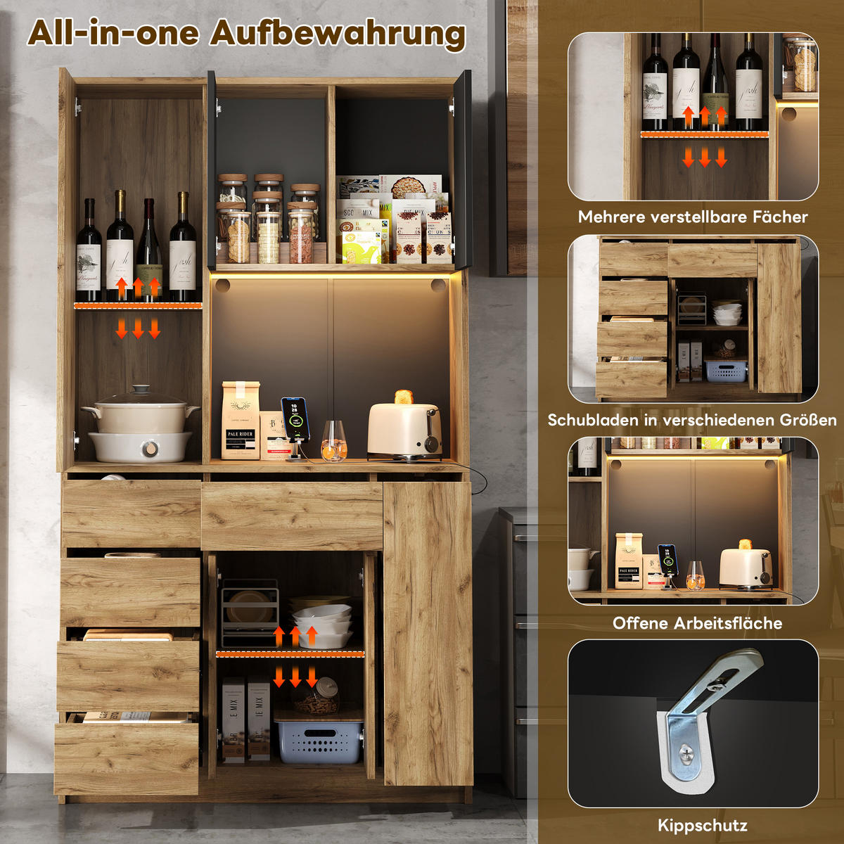 BUFFETSCHRANK schwarz-natur aus MDF mit App-Farbwechsel-LED und integrierter Steckdosenleiste 105 × 40 × 185 cm - Naturfarben, Holzwerkstoff (105/185/40cm) - Luhomfu