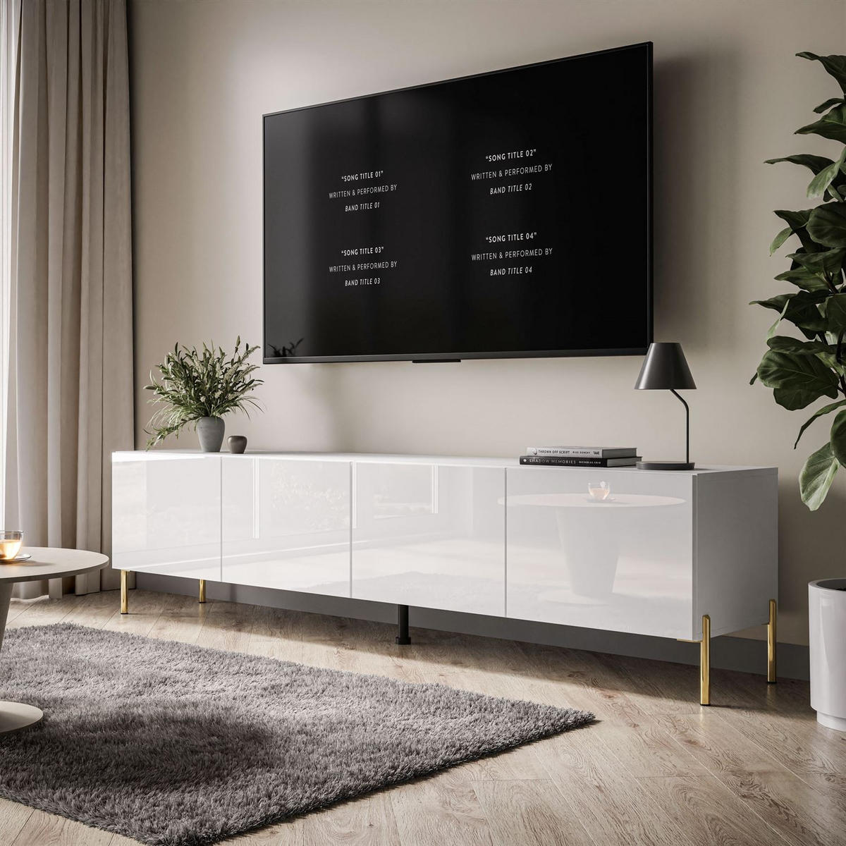 TV-LOWBOARD COLGANTE 200 cm auf Gold Metallbeinen - Weiß Hochglanz/Goldfarben, Holzwerkstoff/Metall (200/50/40cm) - Lookway
