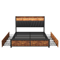 DOPPELBETT 160x200 cm - Metallbett mit 2-stufigem Regalkopfteil - 4 Schubladen und LED-Beleuchtung - ohne Matratze - Schwarz - Schwarz, Metall (160/200cm) - DELFA
