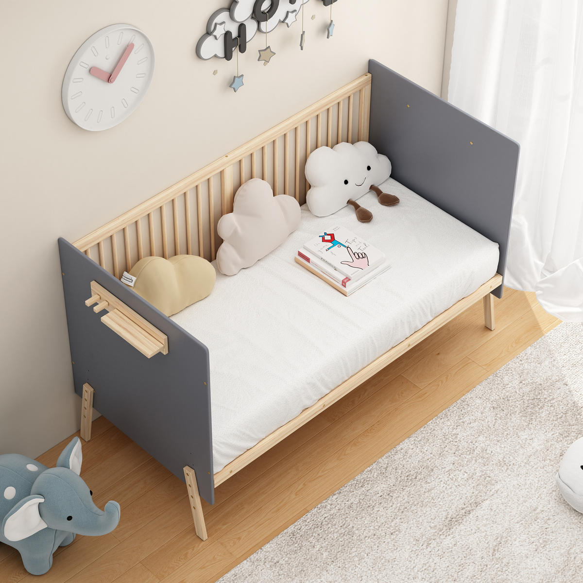 BABYBETT 163x80x92cm Blaugrau + Natur Massivholz 3-Stufen Höhenverstellung - Blau, Holz - FLIEKS