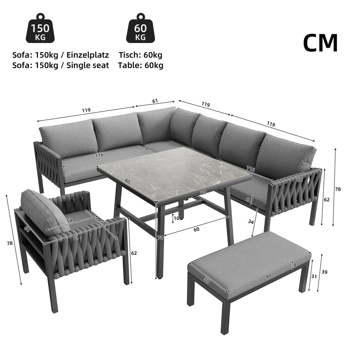 OUTDOOR-SOFASET 238x61x78cm grau aus Metall und mit Kissen - Grau, Metall - Modfu