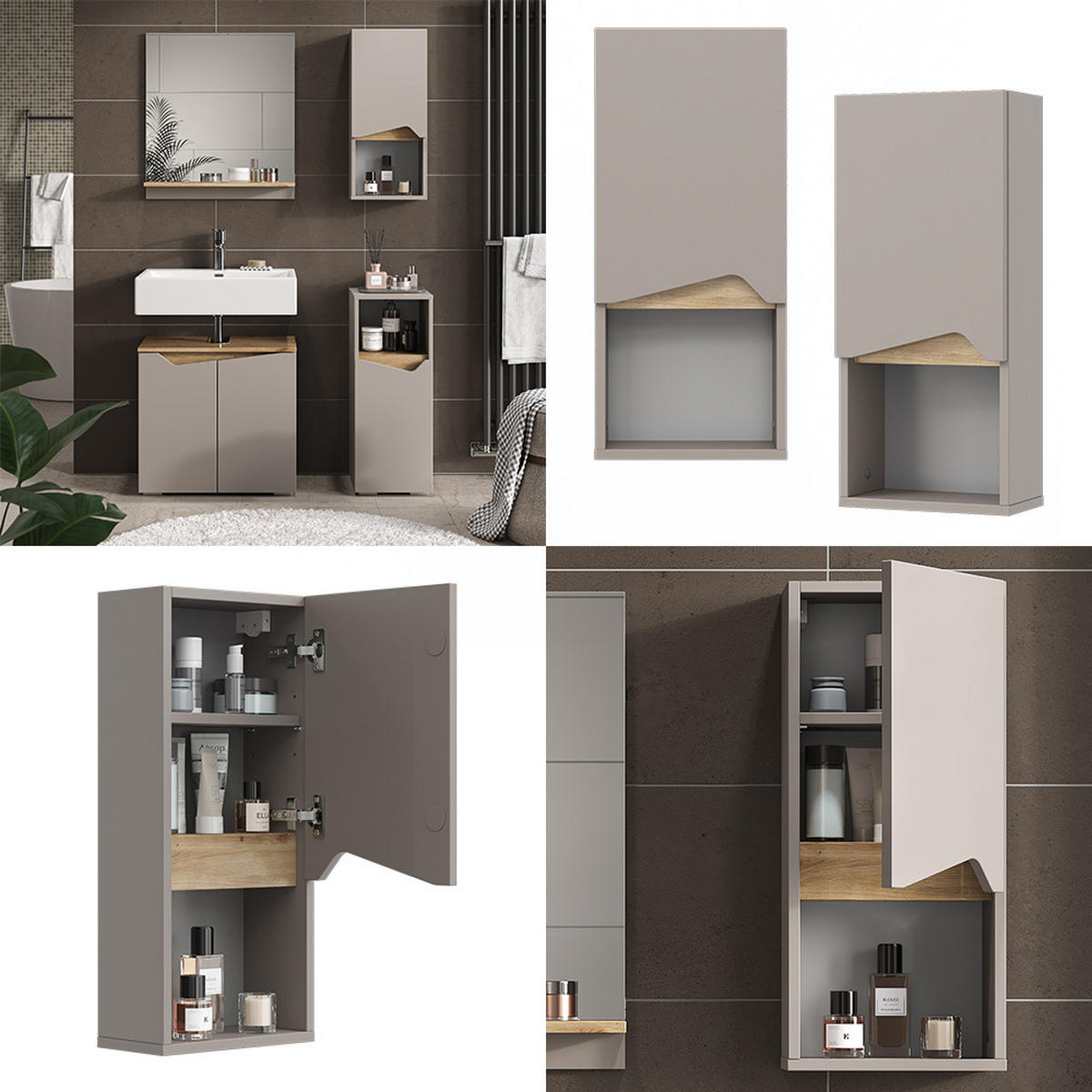 BADSCHRANK Marelle Greige 30 x 67 cm mit Tür und offenem Fach - Greige, Holzwerkstoff (30/67/17cm) - Vicco