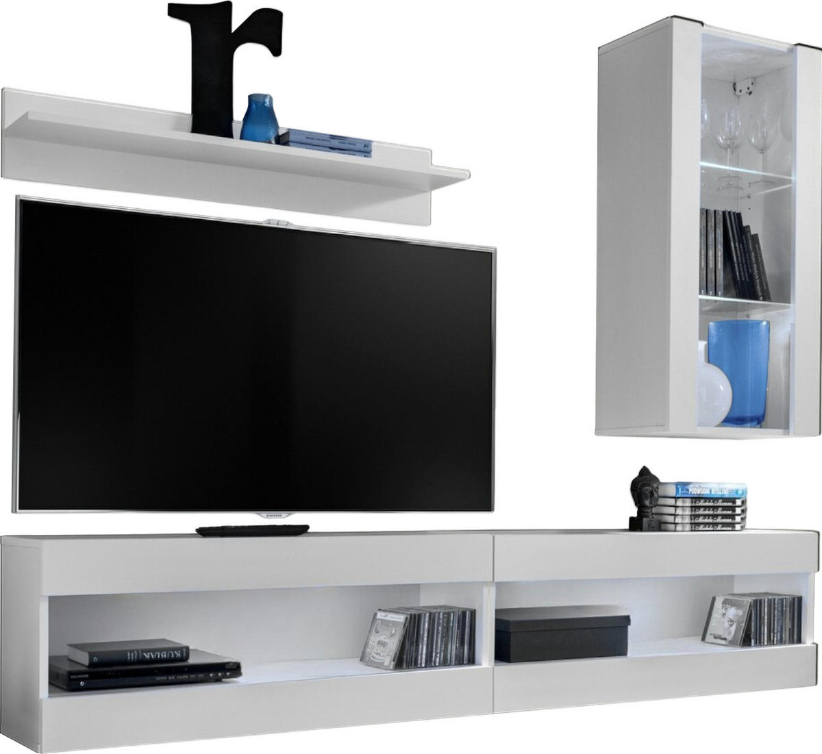 WOHNWAND 4-er Set, TIVOLI SET5 Weiß + Weiß, Offener Raum - Weiß, Glas/Holzwerkstoff (240/195/35cm) - Komodee