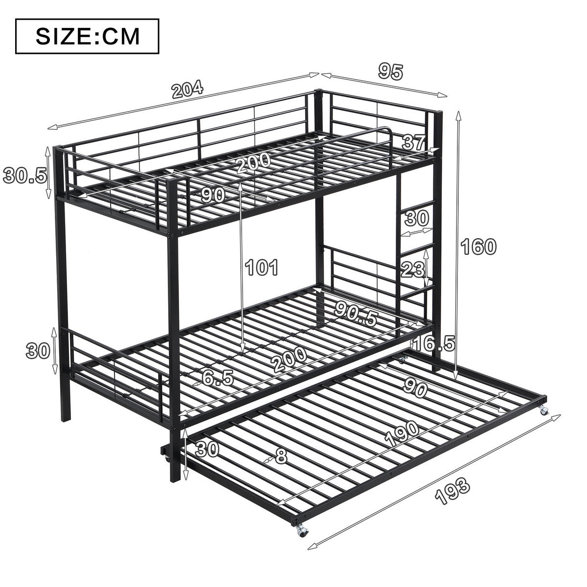 ETAGENBETT 90/200 cm aus Metall mit Ausziehbett – schwarz und platzsparend - Schwarz, Metall (90/190cm) - BEAOK