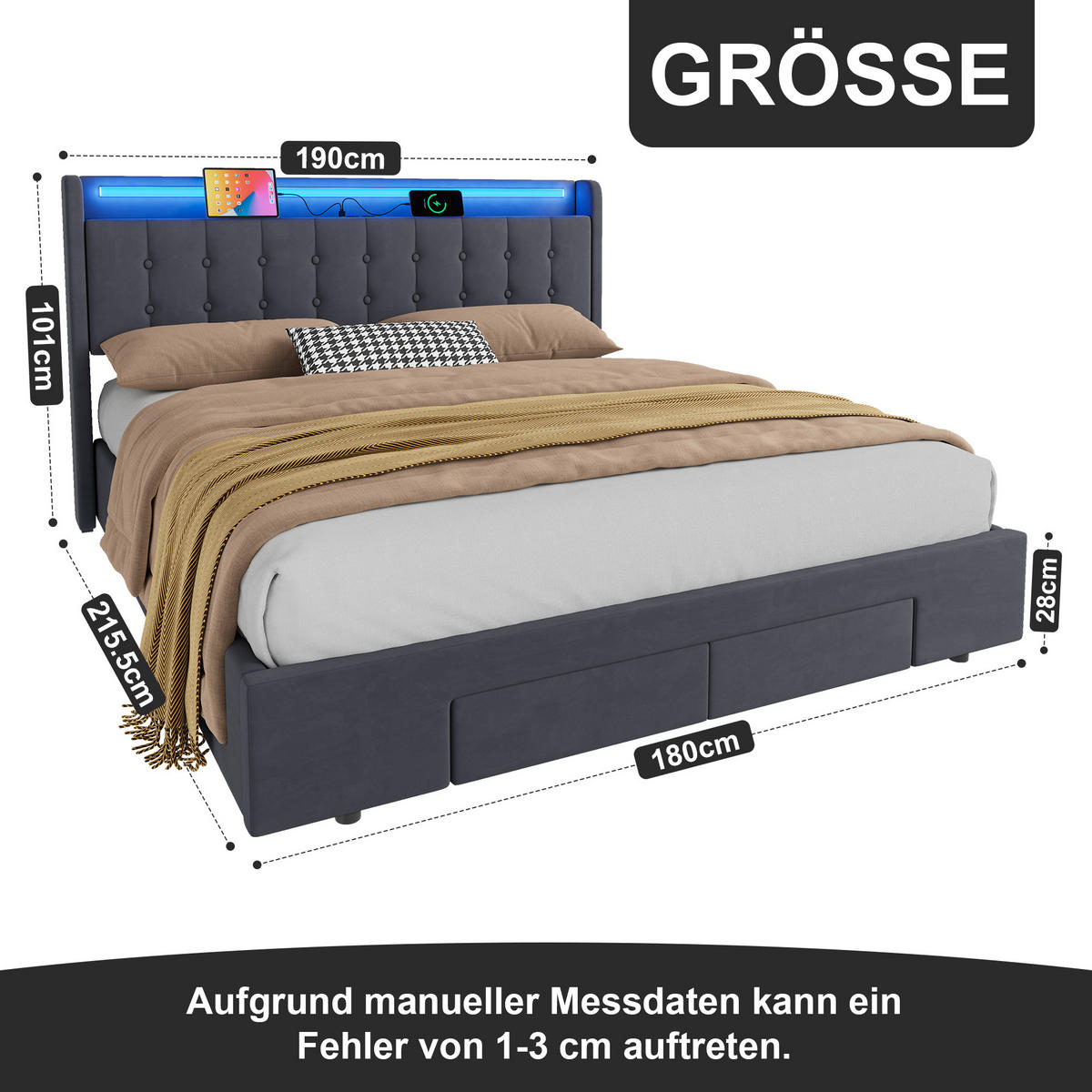 ČALOUNĚNÁ POSTEL 180/200 cm s matrací, zásuvkou a úložným prostorem, se zásuvkami - šedá, kov/kompozitní dřevo (180/200cm) - STILVORA