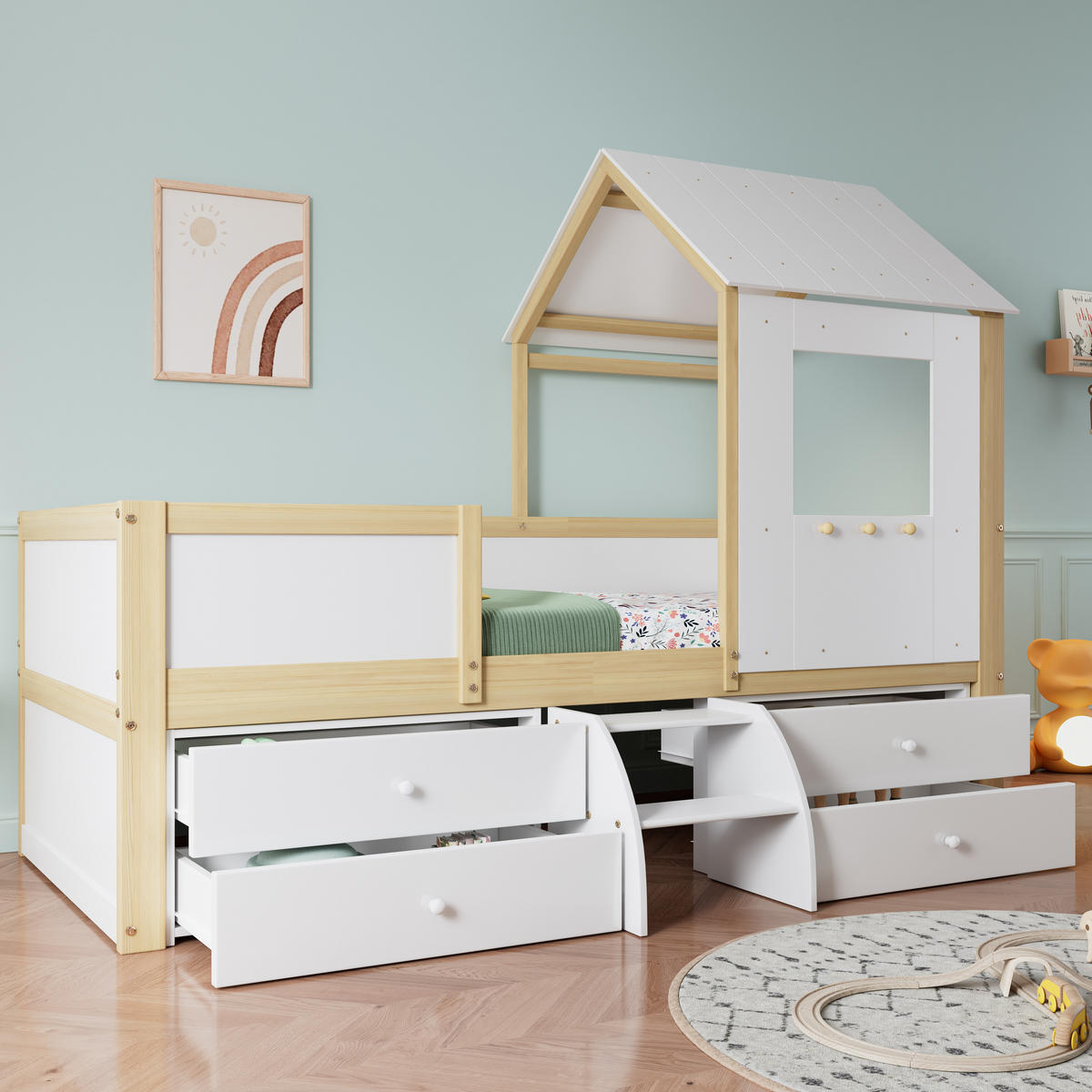 KINDERBETT 90/200 cm in Weiß & Natur Hausbett mit 4 Schubladen und Treppe - Weiß/Naturfarben, Holzwerkstoff (90/200cm) - STILVORA