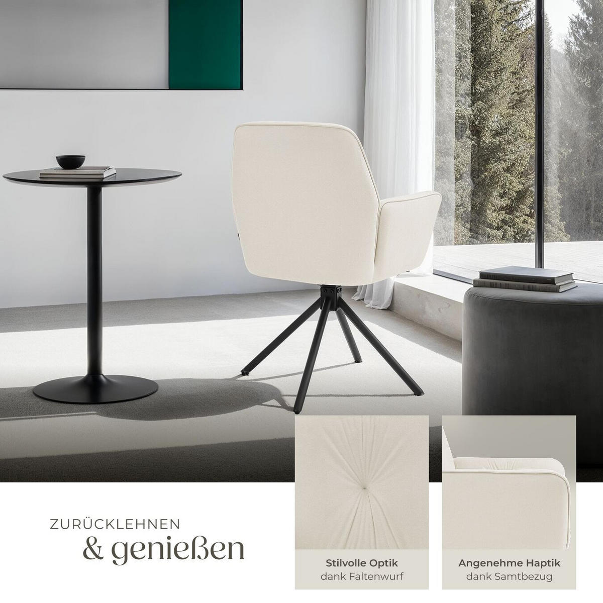 ARMLEHNSTUHL Drehbar Lenia,56,5 x 54 x 86 cm,Samtoptik creme/schwarz - Schwarz/Samtahornfarben, Kunststoff (56.5/86/54cm) - tectake