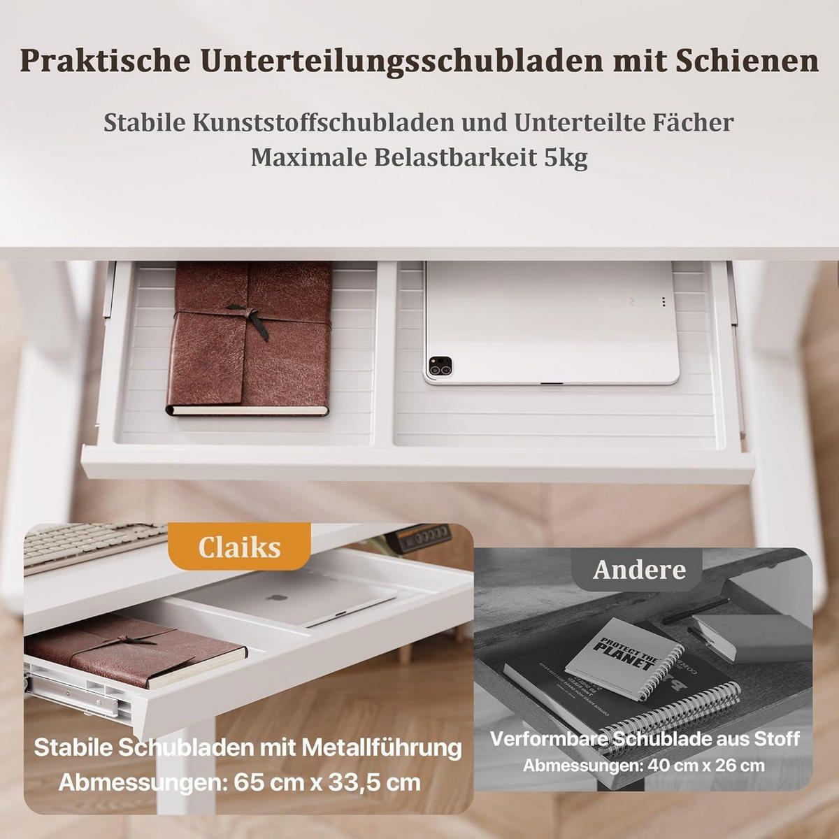 SCHREIBTISCH höhenverstellbar 120 x 60 cm mit Schublade und Memory-Funktion Weiß - Weiß, Holzwerkstoff (60/120/118cm)