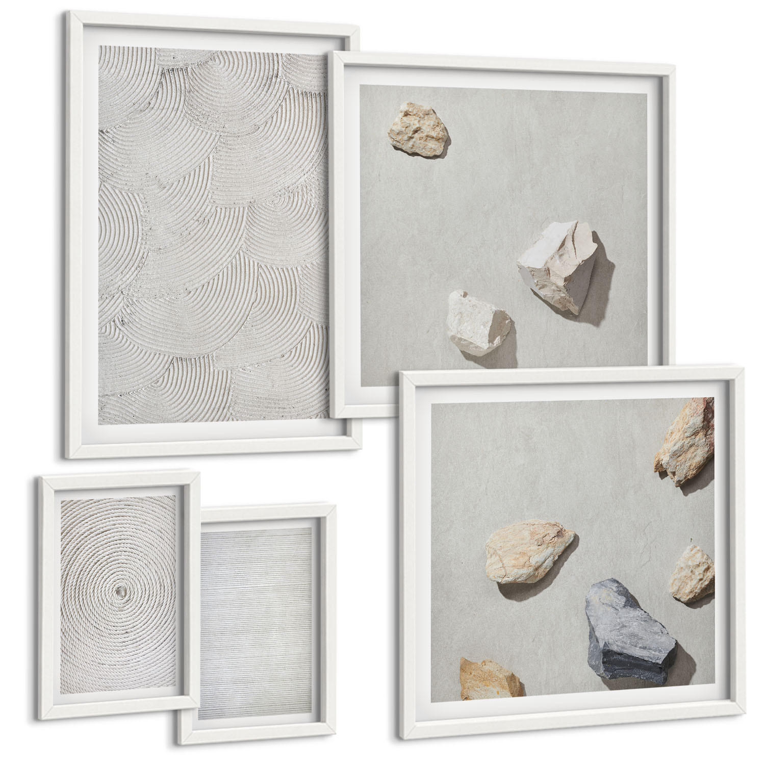 BILDER SET 5er Set - 50x50 cm & 20x30 cm & 40x60 cm Weißer Rahmen - Geometrische Pappsteine - Weiß, Kunststoff (40/60cm) - TULUP