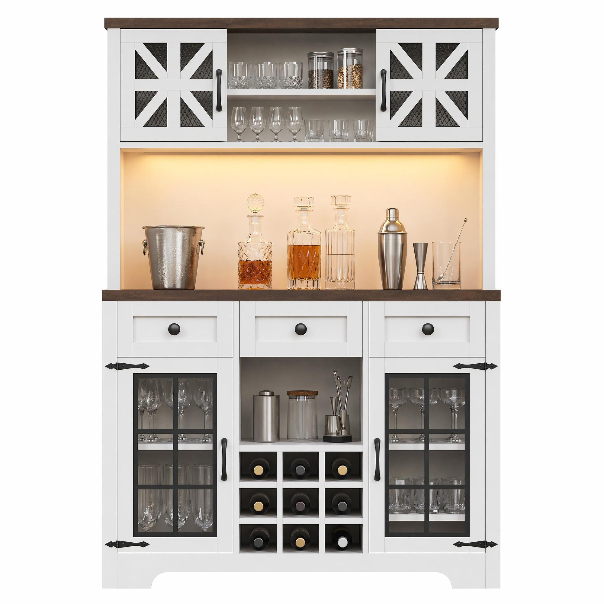 HIGHBOARD in Weiß mit LED-Beleuchtung und Schubladen für Küche und Wohnzimmer, B120/T40/H180 cm - Transparent/Weiß, Glas/Holzwerkstoff (120/180/40cm) - STILVORA