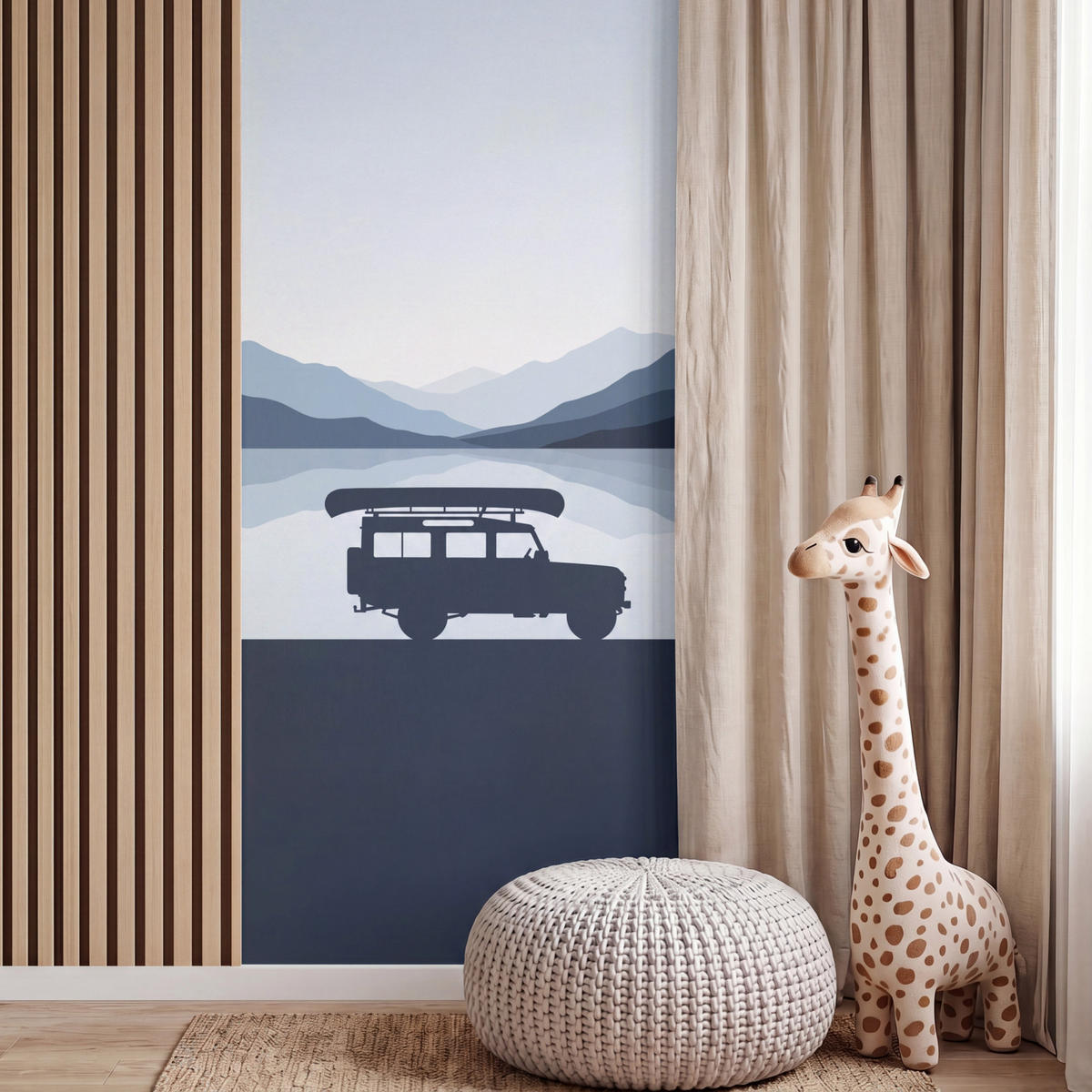 KINDERTAPETE - Auto - See - Berge - Blau - 100x200 cm - Blaugrau, Papier (100/200cm) - OnlyWow