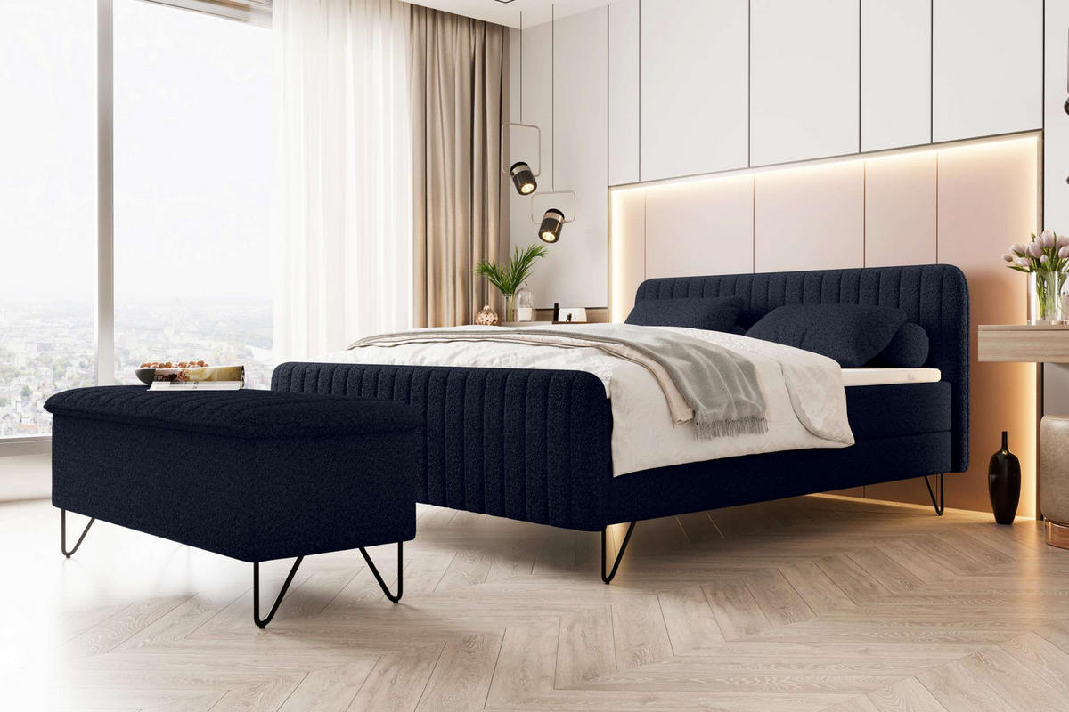 BOXSPRINGBETT LUCIO mit Hocker Bouclé-Stoff Dunkelblau 160/200 cm - Schwarz/Dunkelblau, Textil/Metall (160/200cm) - 99rooms