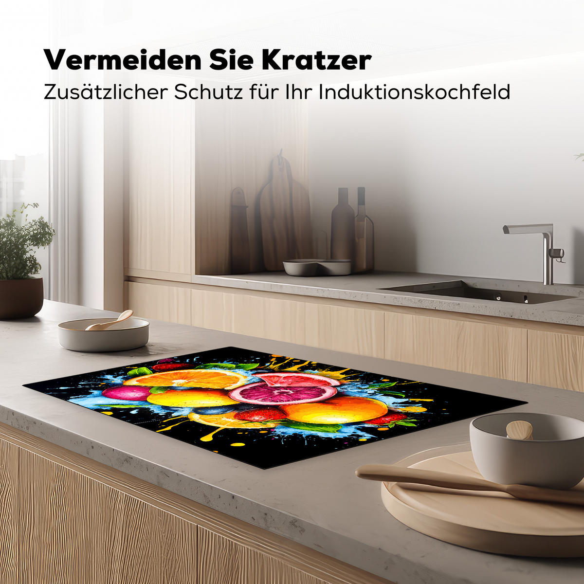 HERDABDECKPLATTE Obst - Graffiti - Bunt - Orange - Erdbeere - Abstrakt 80x52 cm - Orange, Kunststoff (80.2/0.2/52.2cm) - MuchoWow
